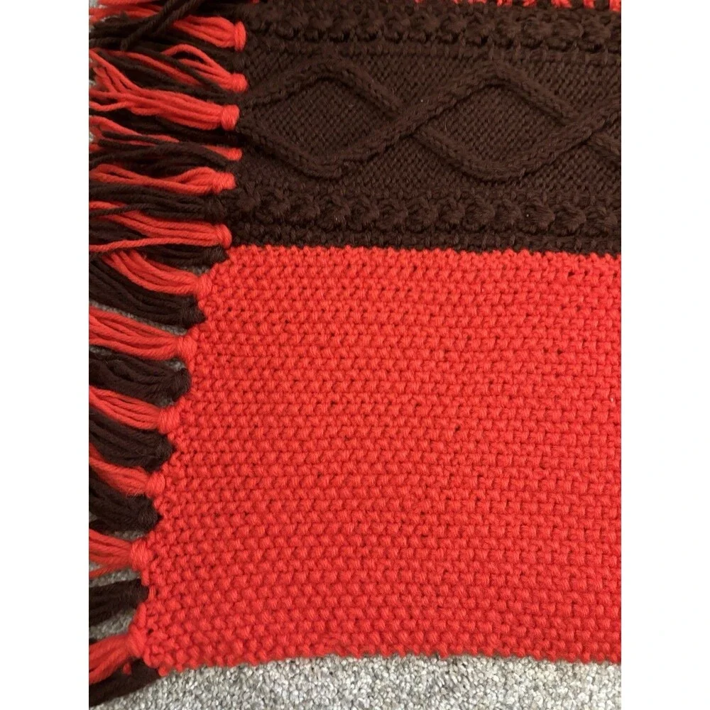 VintageHandmade Throw Blanket 50x76 Orange Brown Cable Knit Afghan Fringe Rustic